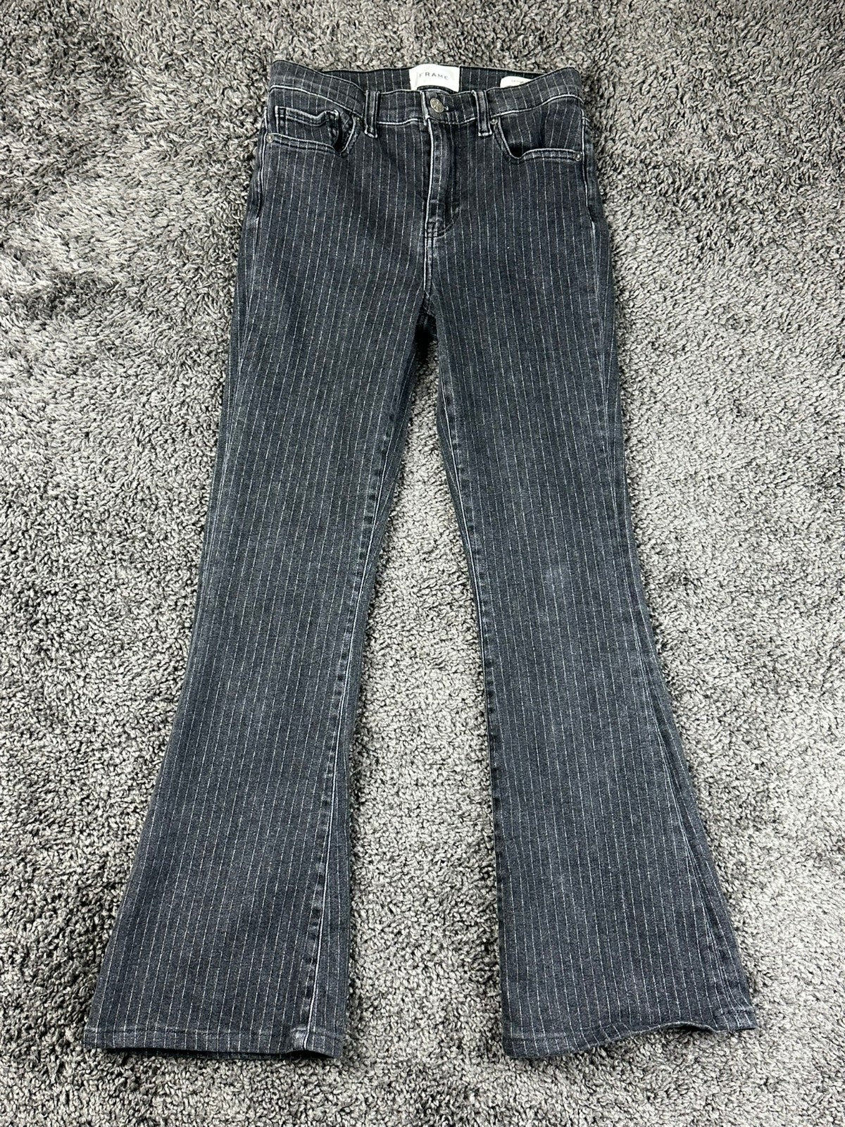 FRAME Le High Flare Jeans 25 Charcoal Pinstripe High Rise Stretch Denim Pants