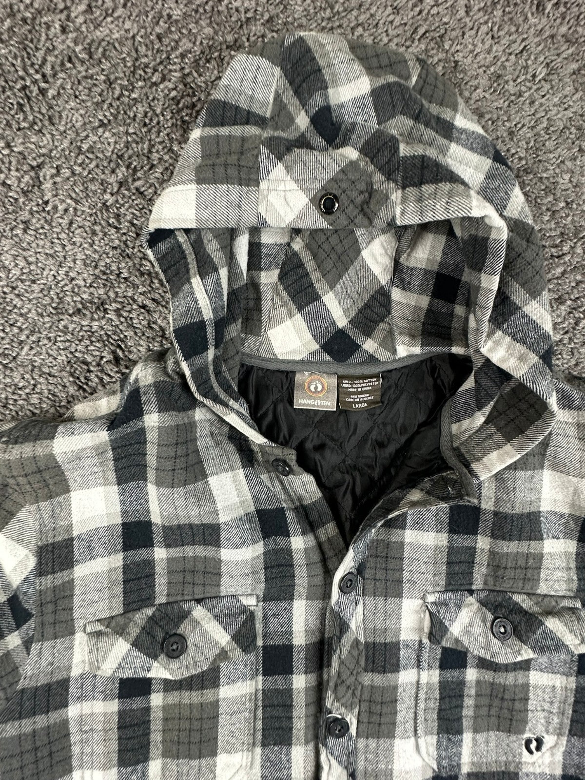 Hang Ten Mens Large L Black Gray Plaid Flannel Hooded Quilted Lined Jacket