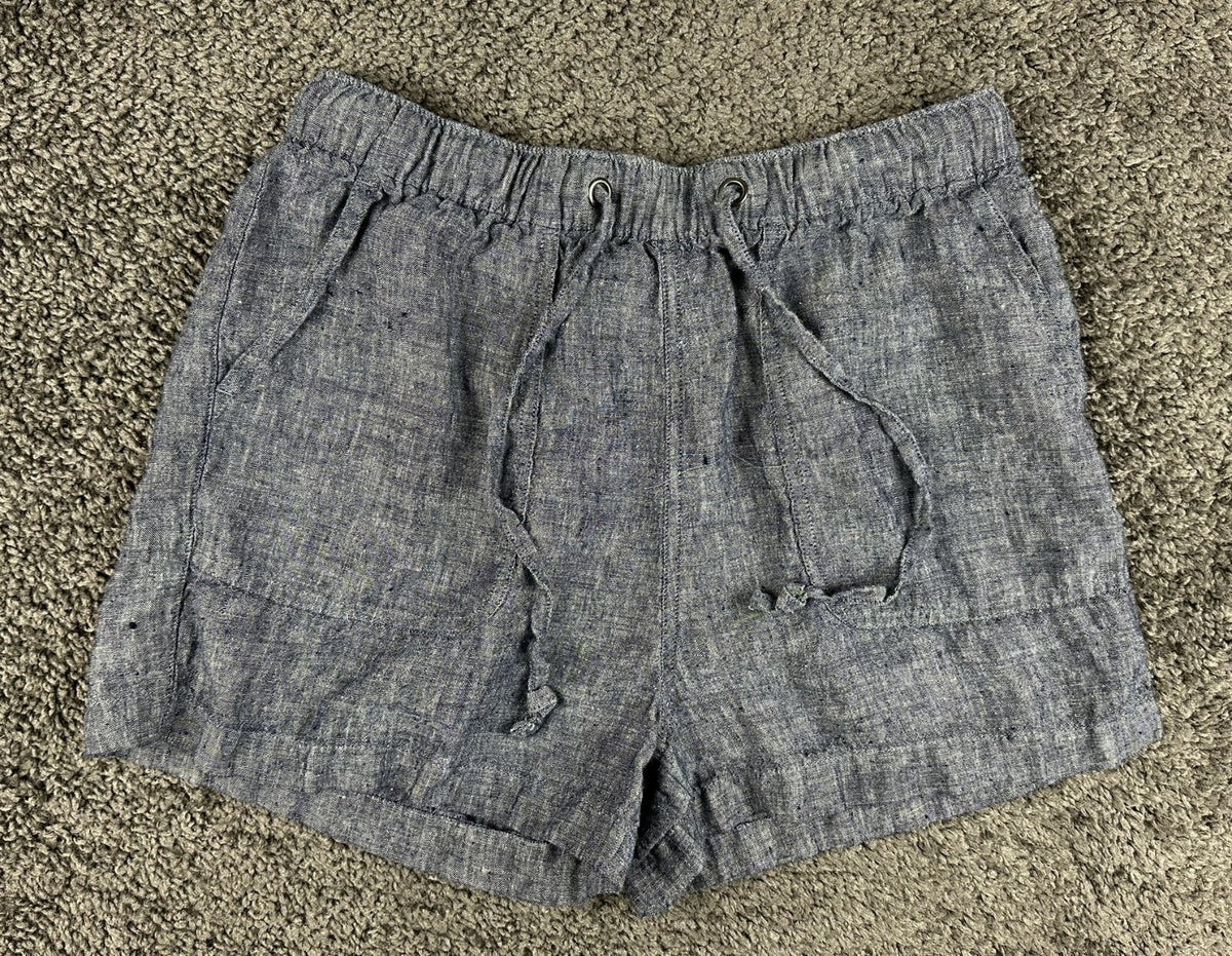 C&C California Womens M Blue 100% Linen Drawstring Pull On Casual Shorts