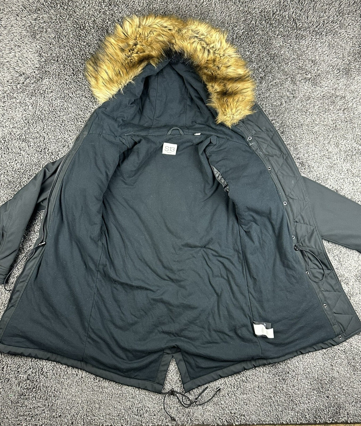 S13 Womens Black Parka Jacket Faux Fur Hood Utility Cargo Coat Winter Small