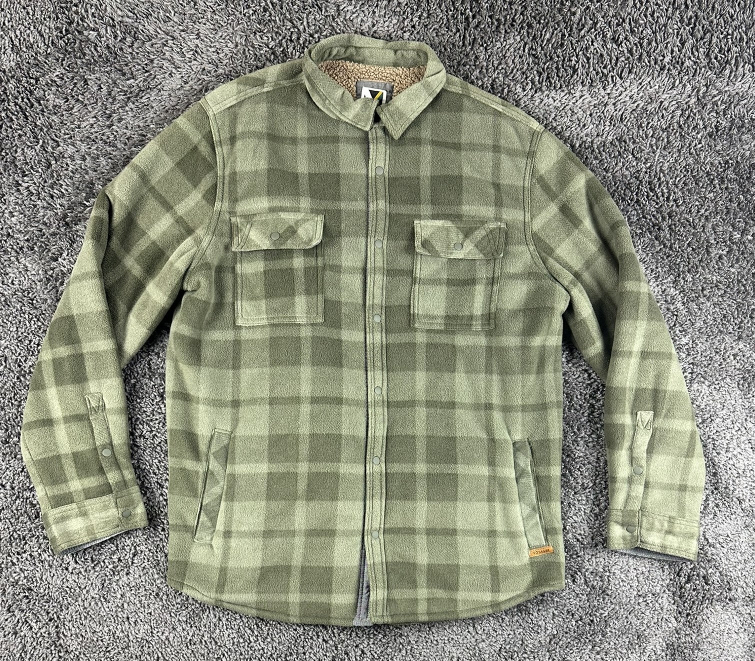 Voyager Mens Green Plaid Sherpa Lined Fleece Shirt Jacket Snap Shacket Sz Large