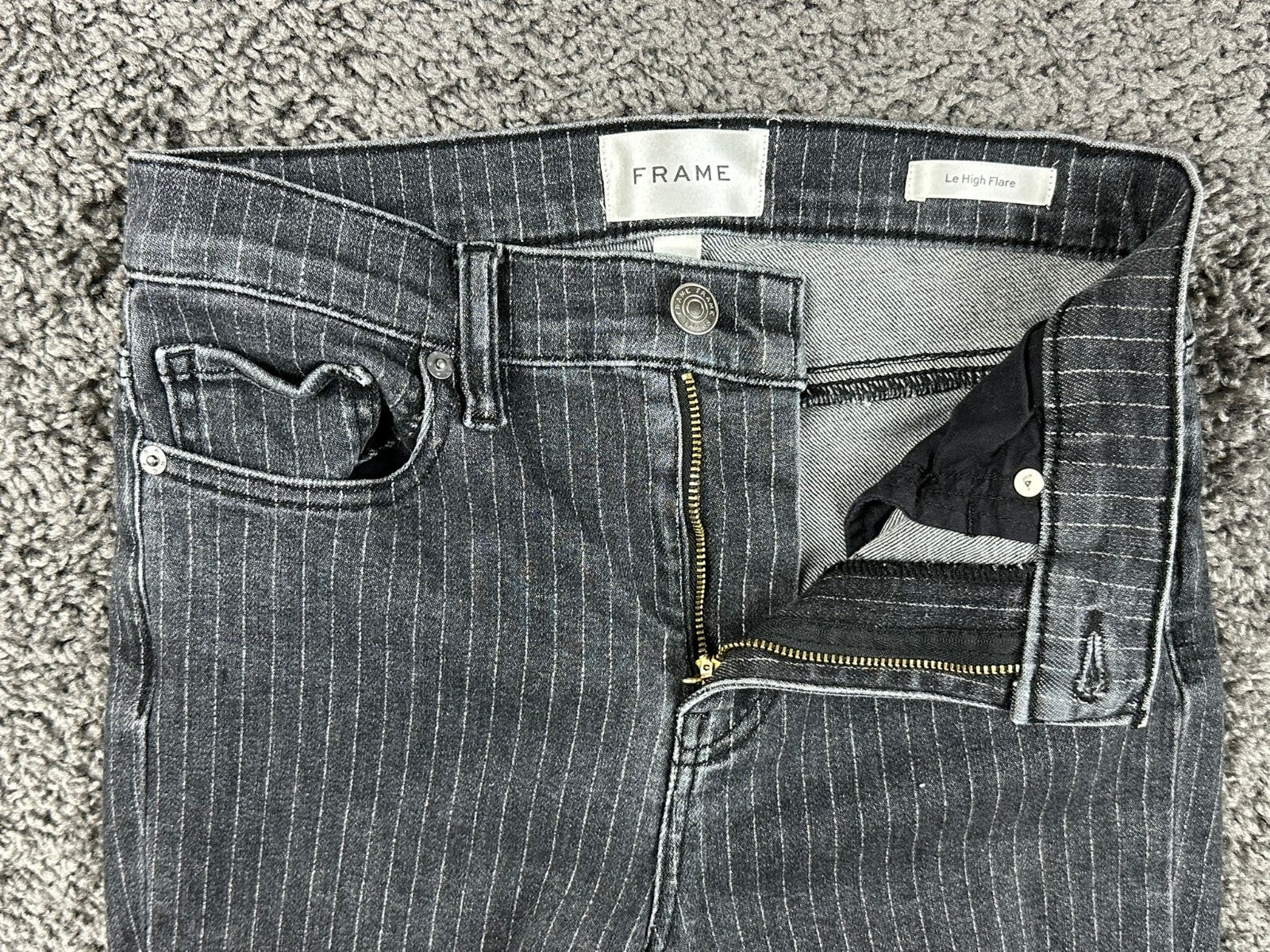 FRAME Le High Flare Jeans 25 Charcoal Pinstripe High Rise Stretch Denim Pants