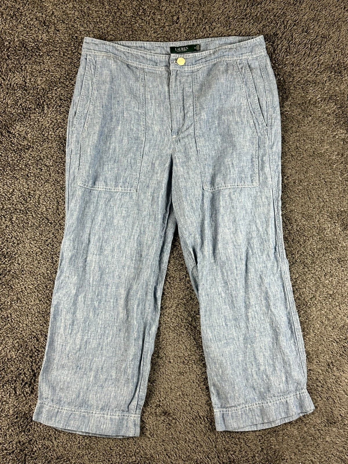 Lauren Ralph Lauren Womens 12 Blue Chambray Linen Wide Leg Crop Pants Pockets