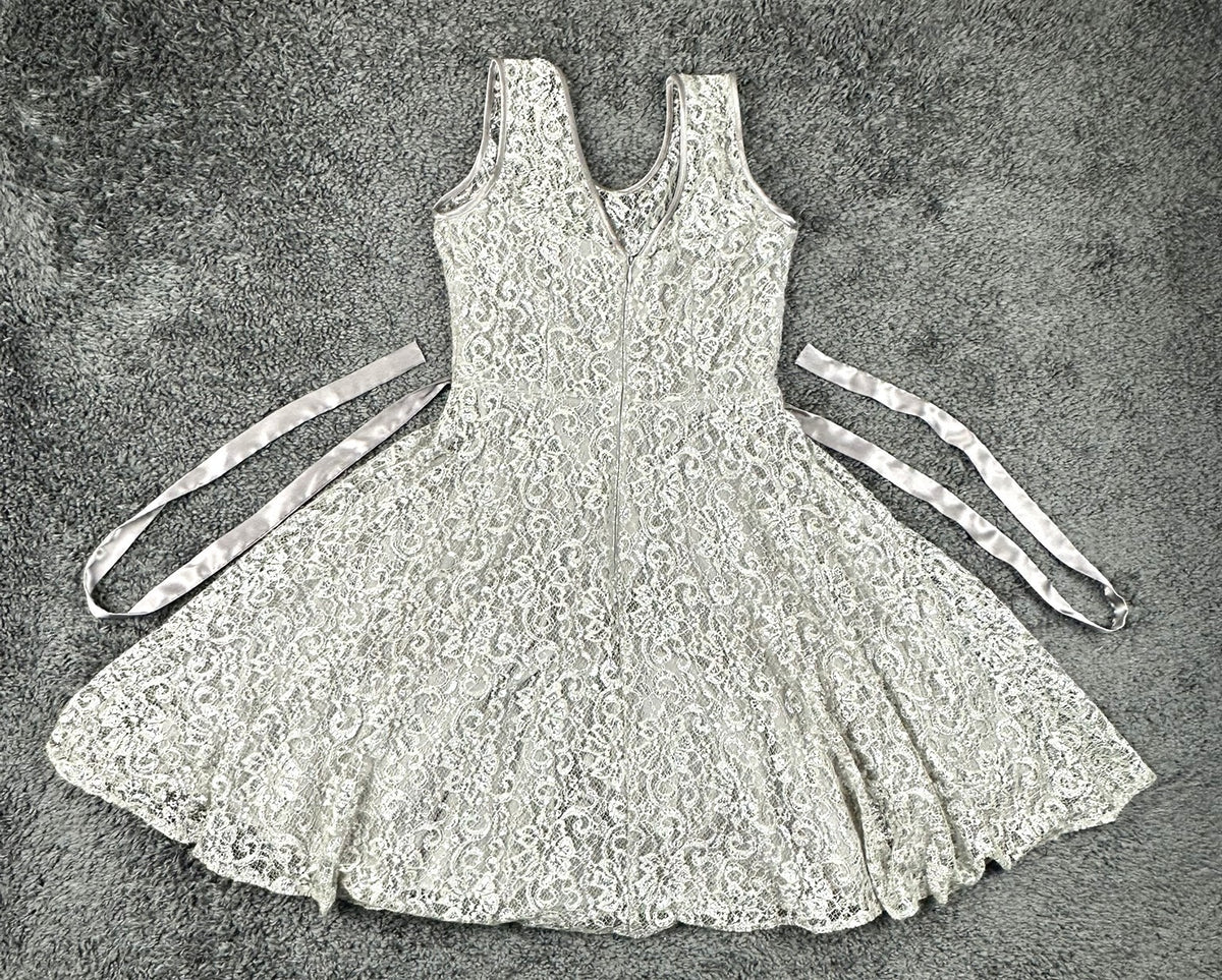Betsy & Adam Womens 6 Silver Metallic Lace Rhinestone Tulle Cocktail Party Dress