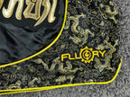 FLUORY Mens XS Black Muay Thai Shorts Gold Brocade Dragon Thai Script Boxing