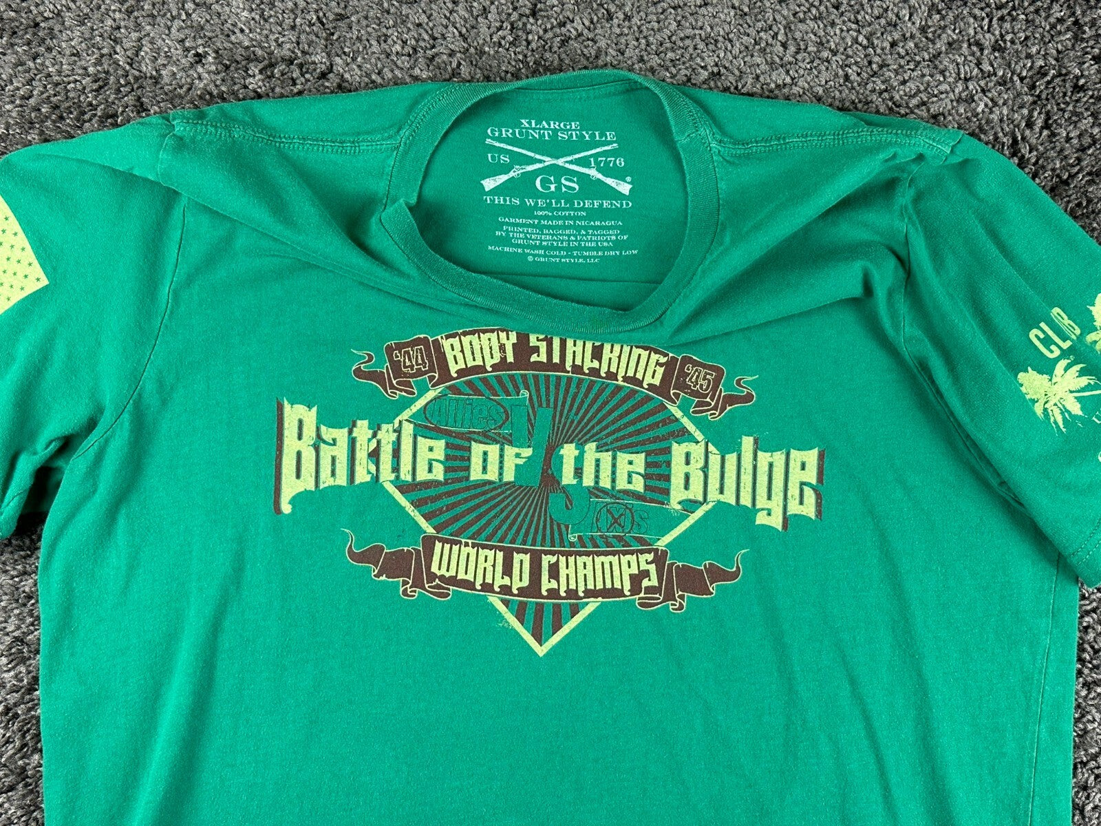 Grunt Style Battle of the Bulge American Flag Military T-Shirt Mens Green Sz XL