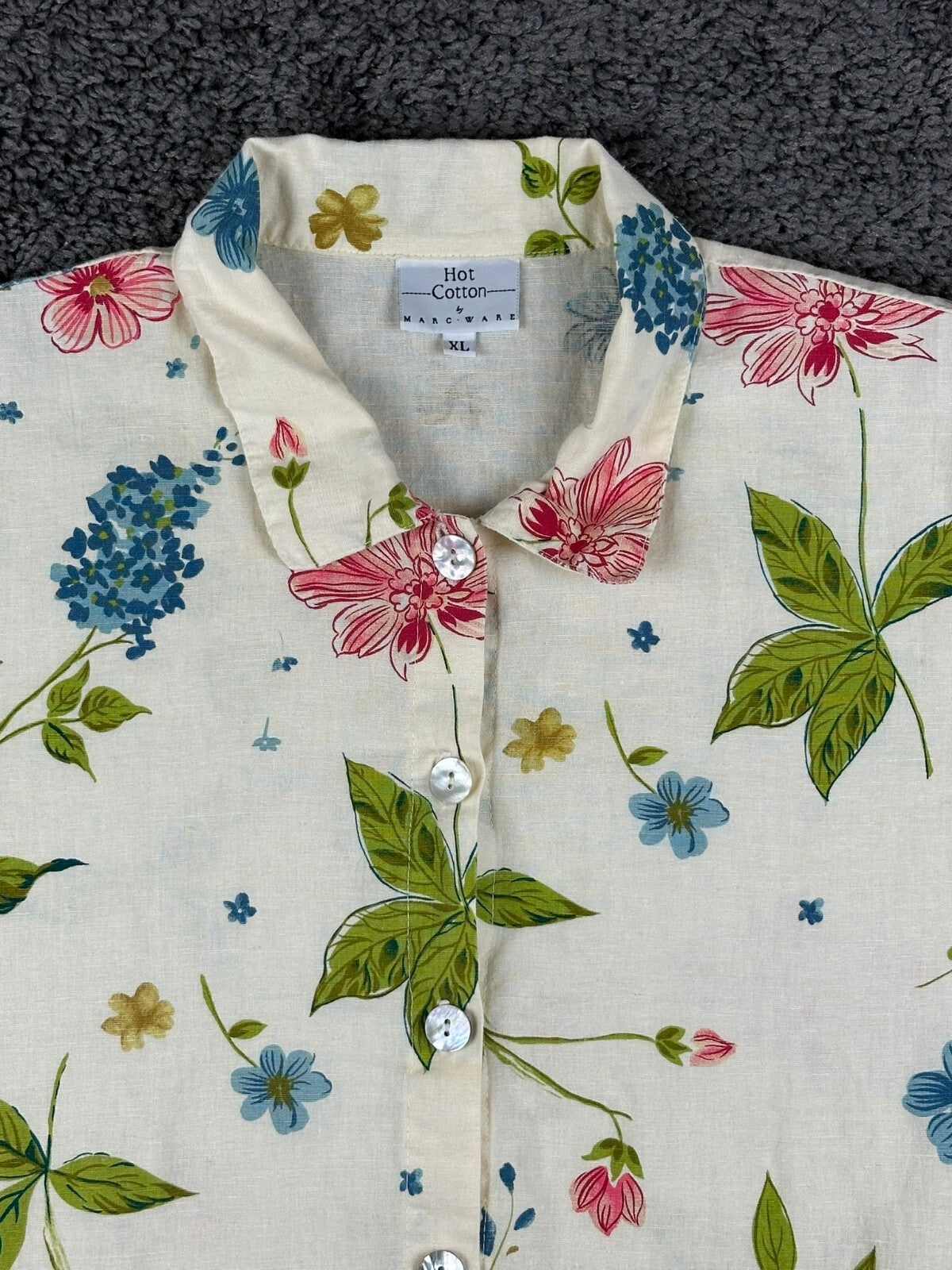Hot Cotton by Marc Ware Women's 100% Linen Floral Short Sleeve Shirt XL