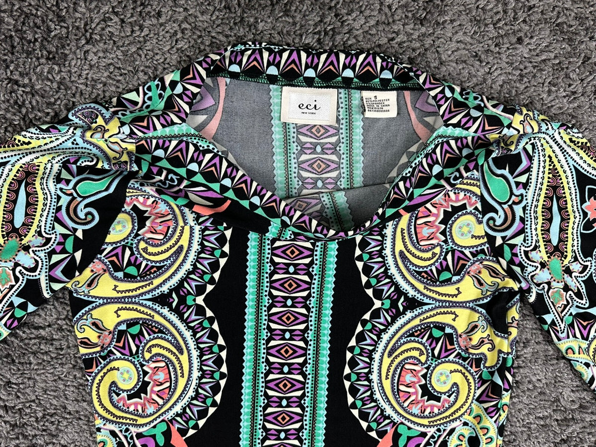 ECI New York Dress Womens S Small Black Multi Geometric Paisley Stretch
