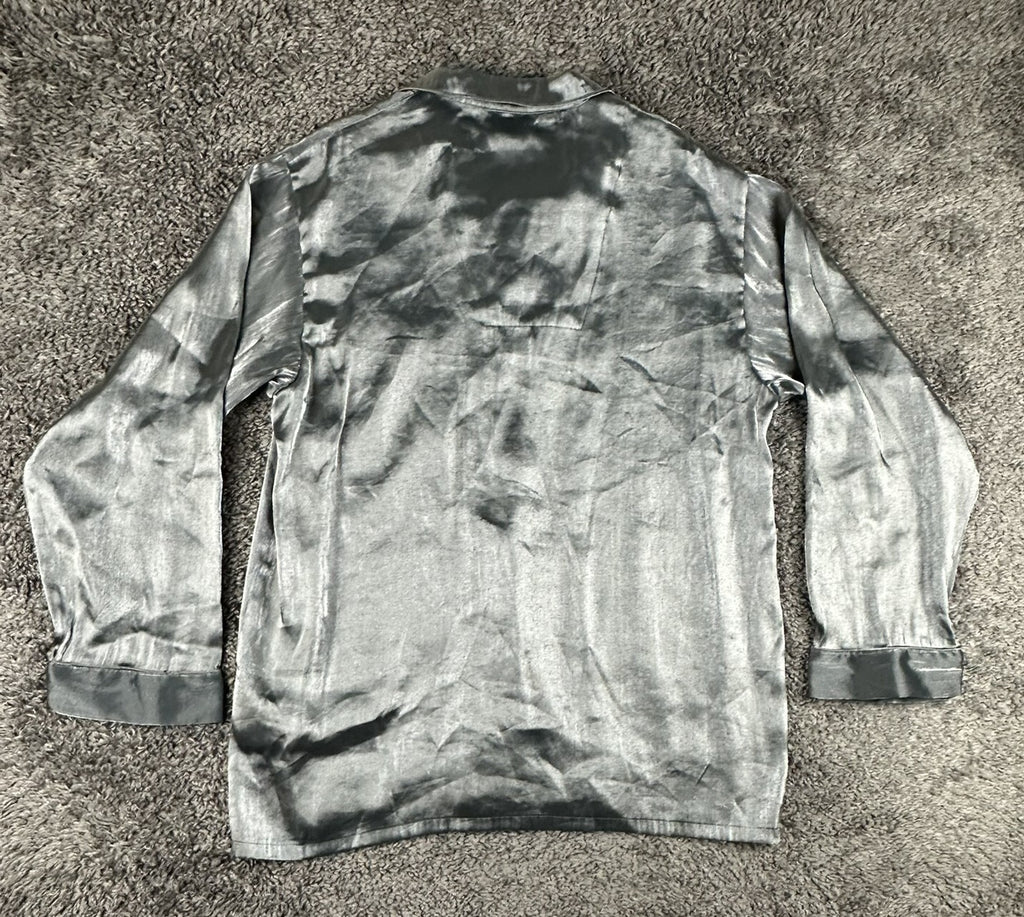 Max Deco Mens L Silver Grey Satin Long Sleeve Button Up Pajama Shirt Top