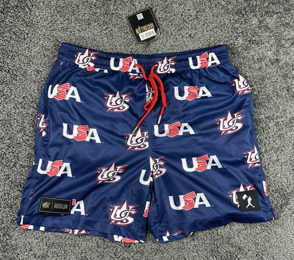 Baseballism x USA Baseball  Mesh Athletic Shorts Navy Blue Large Pockets NWT