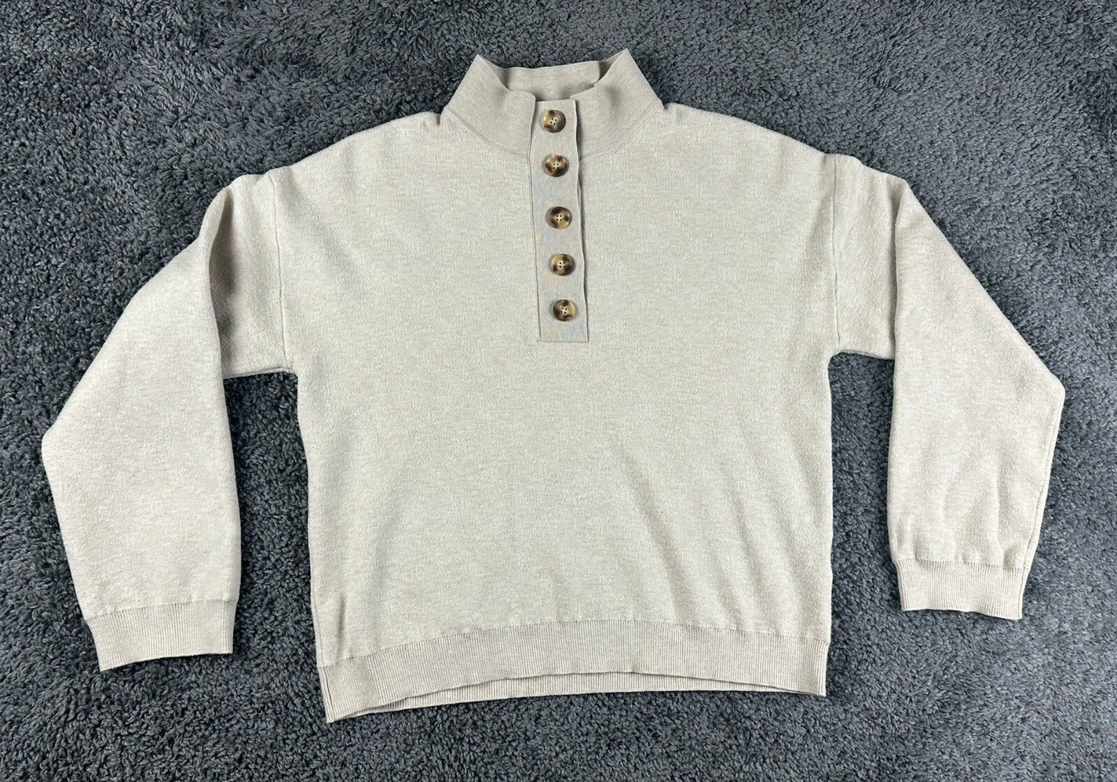 EllandEmm Womens Sweater Beige XS Mock Neck Button Pullover Quiet Luxury