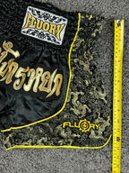 FLUORY Mens XS Black Muay Thai Shorts Gold Brocade Dragon Thai Script Boxing