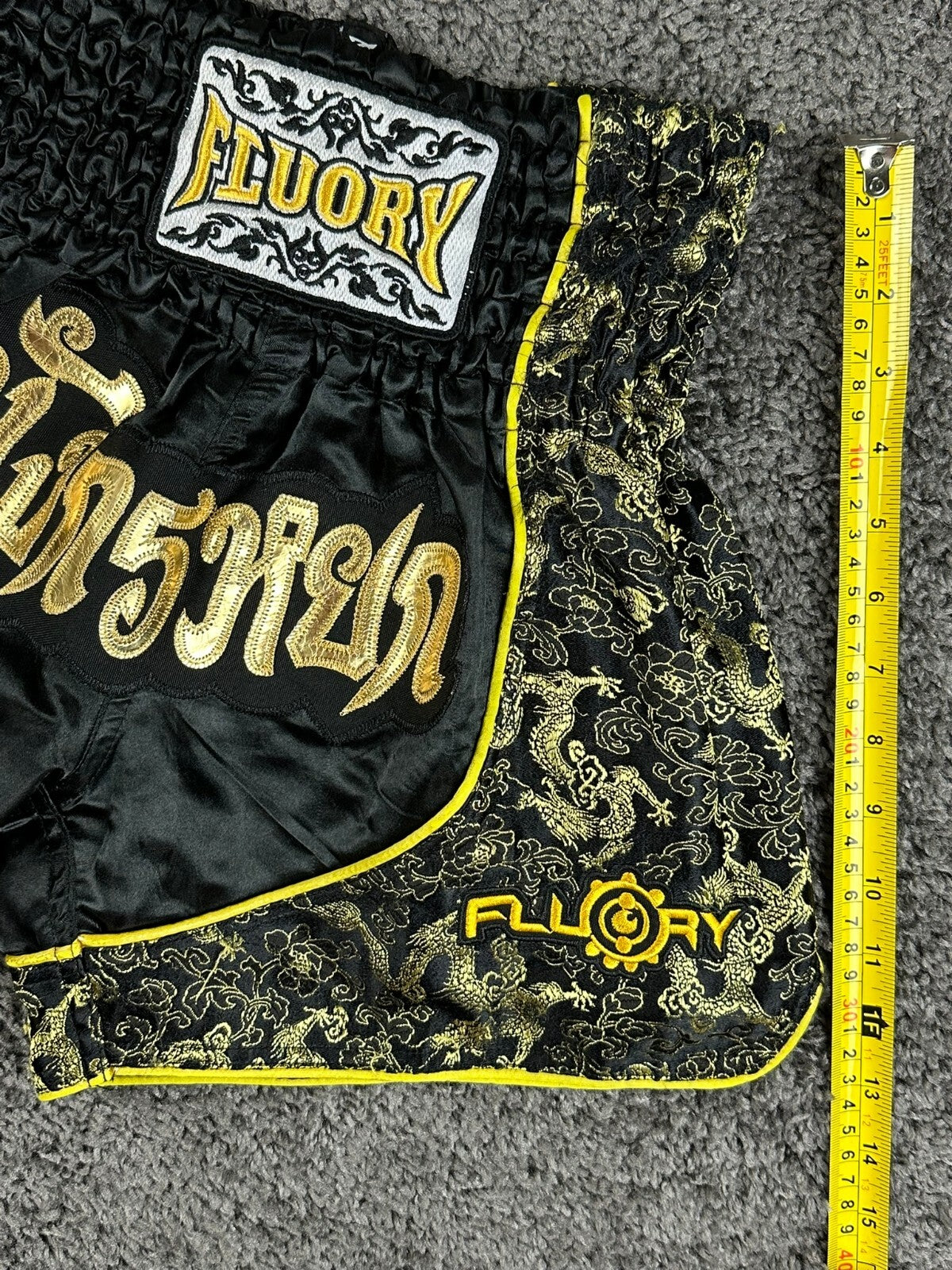 FLUORY Mens XS Black Muay Thai Shorts Gold Brocade Dragon Thai Script Boxing