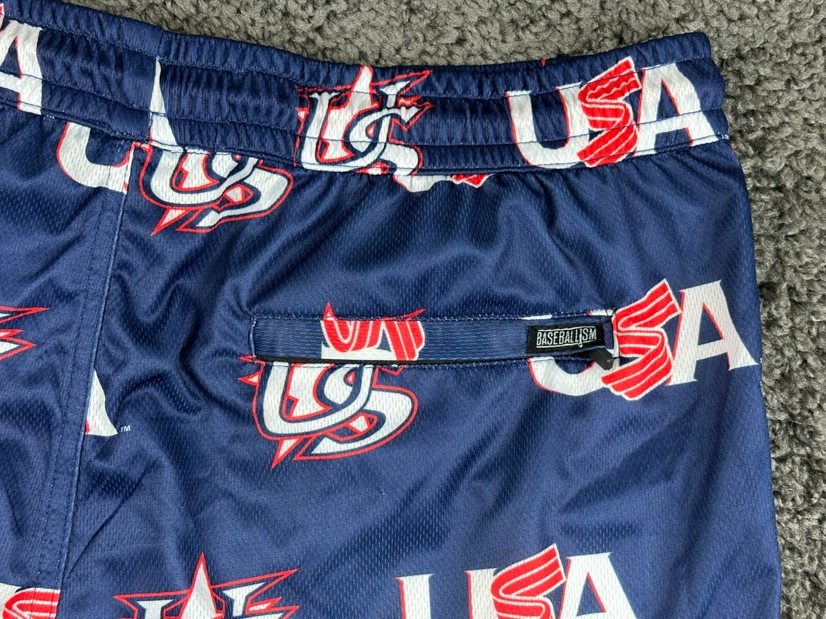 Baseballism x USA Baseball  Mesh Athletic Shorts Navy Blue Large Pockets NWT