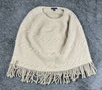 Lands End Womens Beige Cable Knit Wool Blend Fringe Poncho Cape Sweater S/M