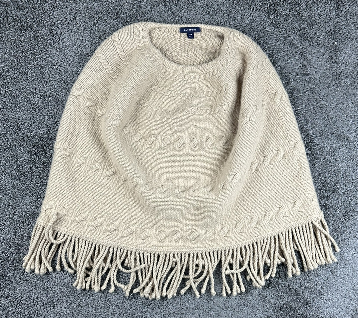 Lands End Womens Beige Cable Knit Wool Blend Fringe Poncho Cape Sweater S/M