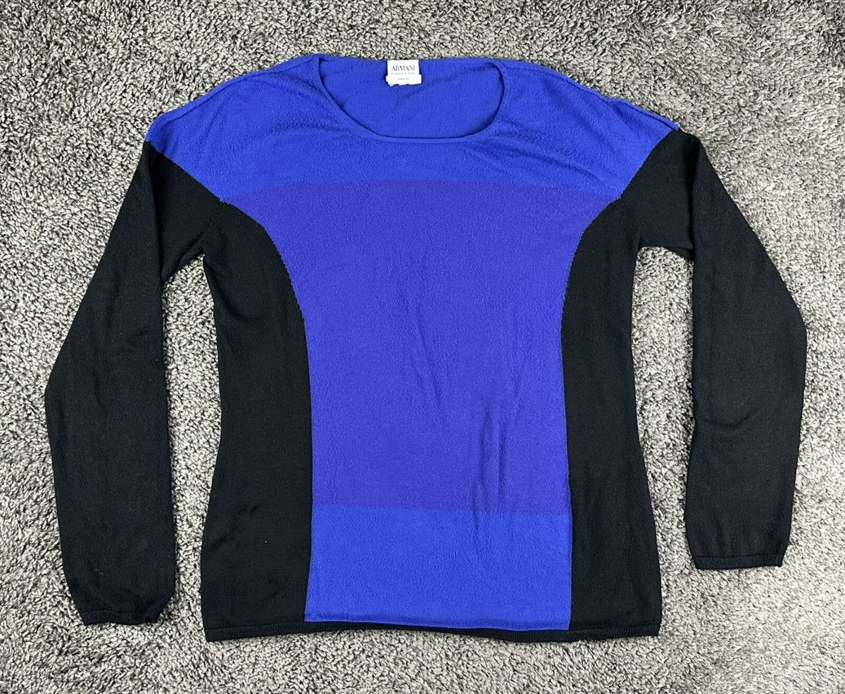 Armani Collezioni Womens Medium Blue Black Crewneck Knit Sweater Italy