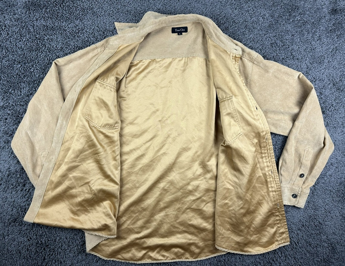 Vintage 90s True Grit Mens L Tan Chamois Button-Up Shacket Long Sleeve Shirt