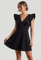 French Connection Whisper Ruffle Mini Dress Womens 2 Black V Neck Flutter