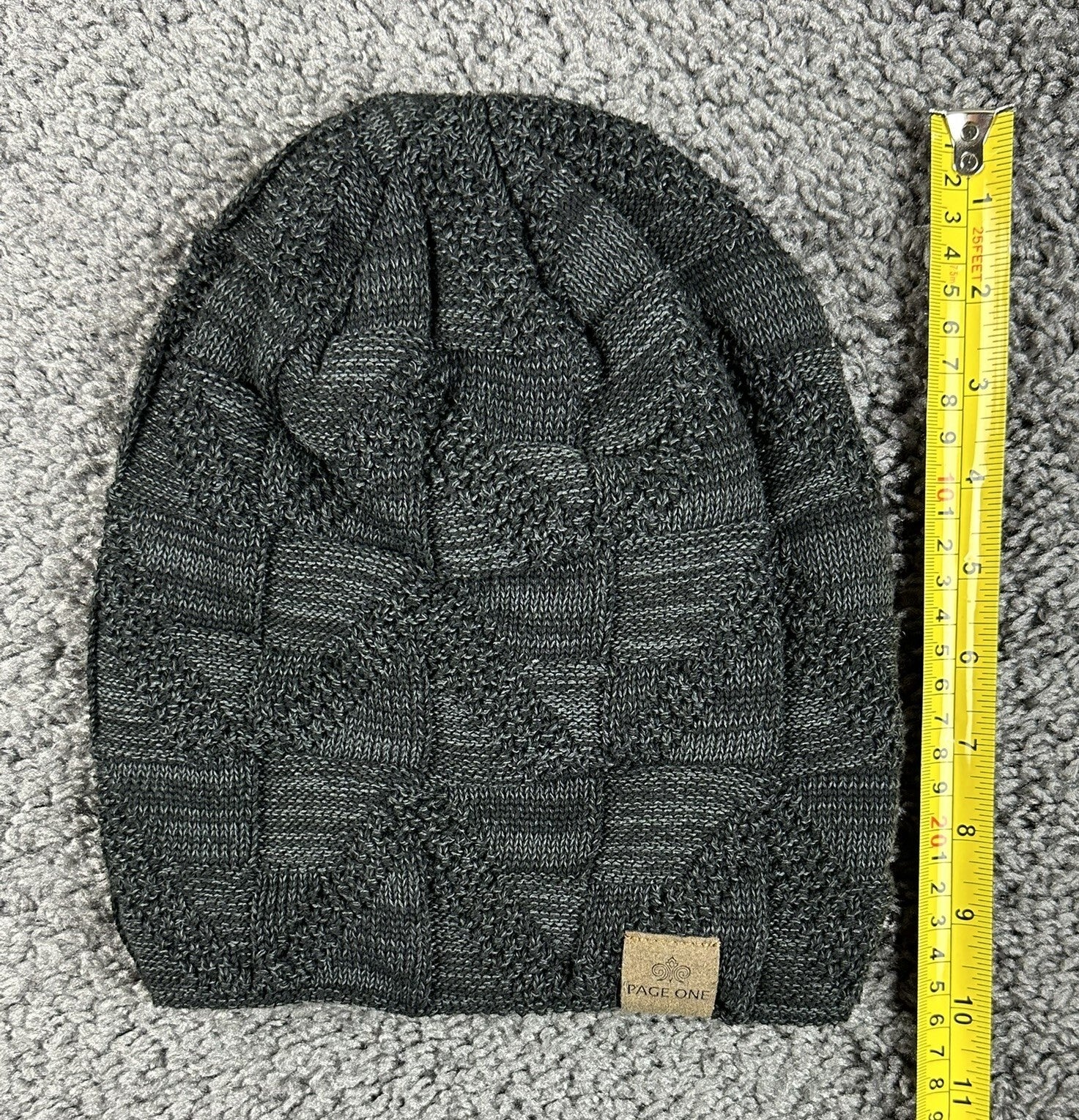 Page One Winter Beanie Hat Knit Basketweave Fleece Lined Charcoal Gray Unisex