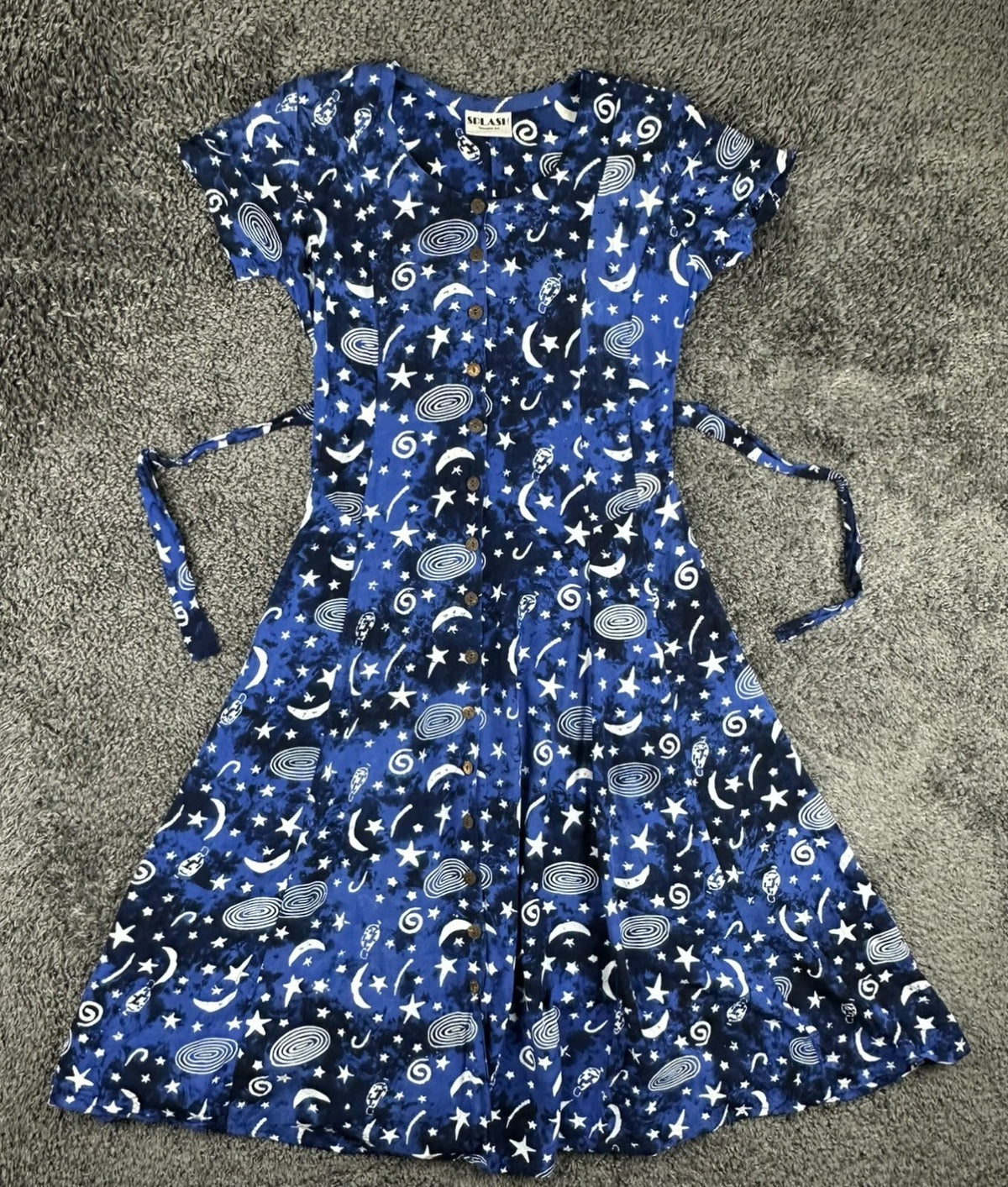 Vintage Splash Wearable Art Blue Rayon Celestial Moon Stars Midi Medium Dress