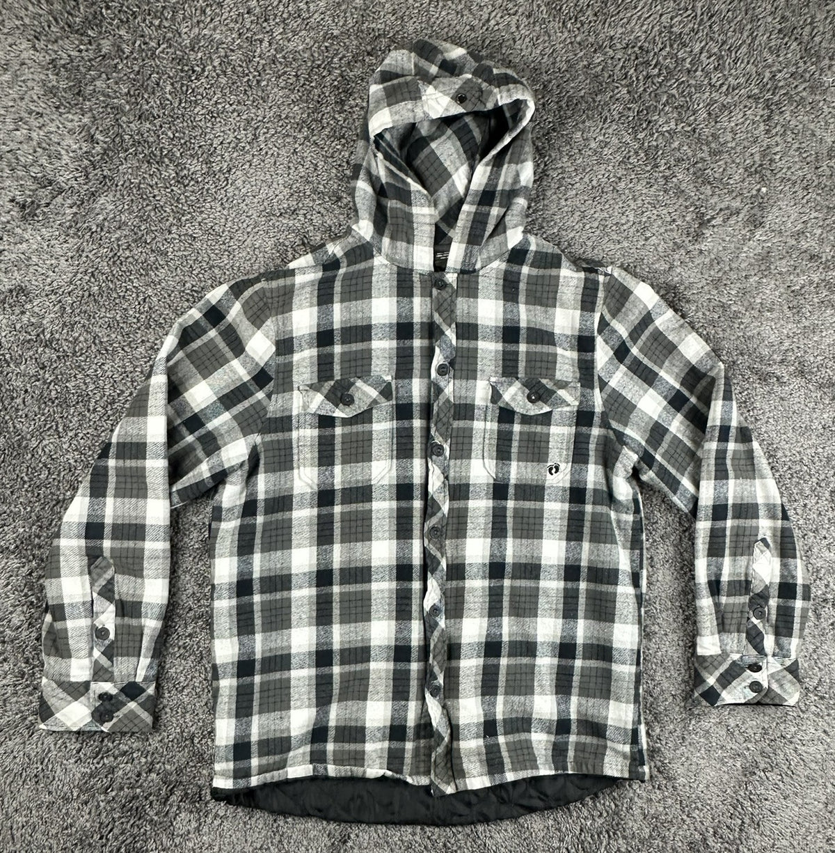 Hang Ten Mens Large L Black Gray Plaid Flannel Hooded Quilted Lined Jacket