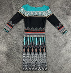 Cache Dress Womens XS Sheath Teal Black Geometric Print Long Sleeve Midi Dress