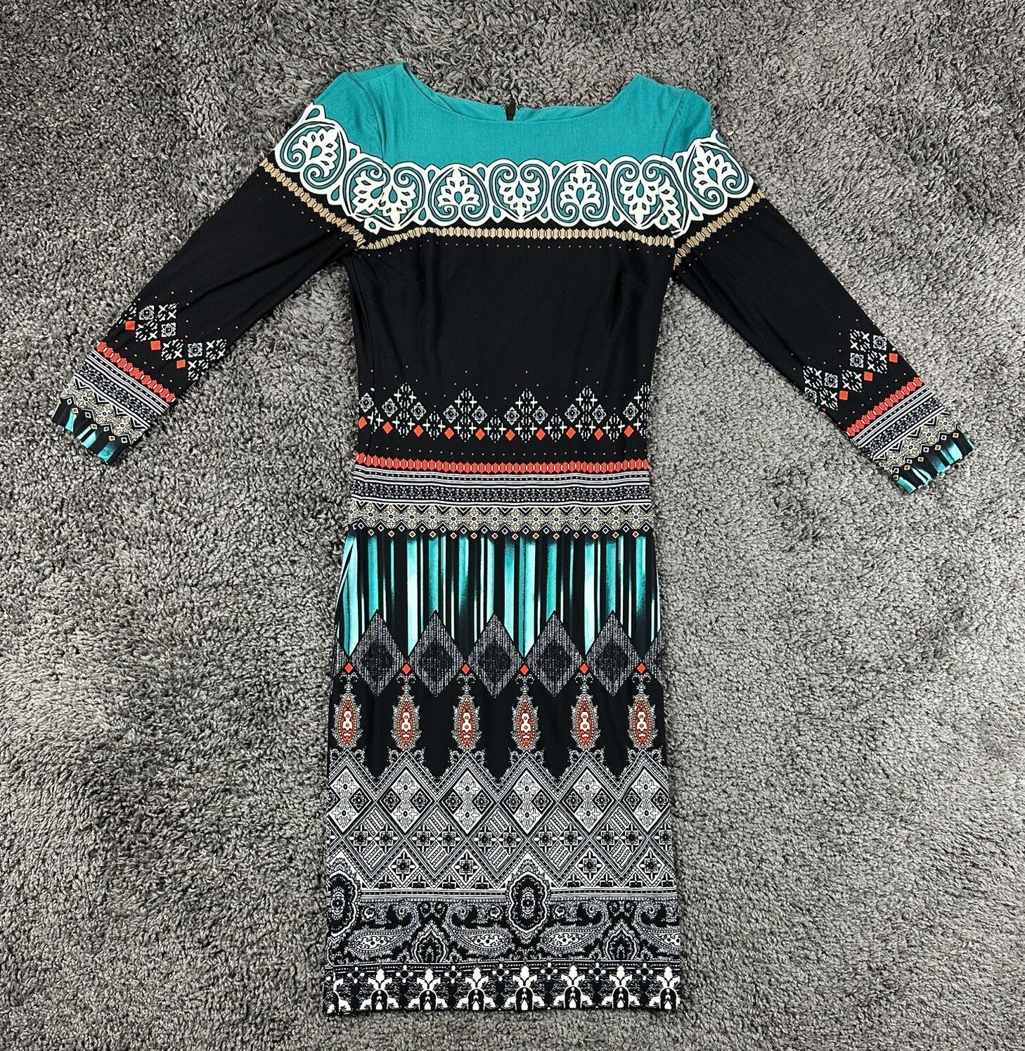 Cache Dress Womens XS Sheath Teal Black Geometric Print Long Sleeve Midi Dress