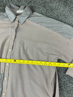 Luukaa Lagenlook Womens Button Tunic Shirt Taupe Gray Size 8 Mixed Media Pockets
