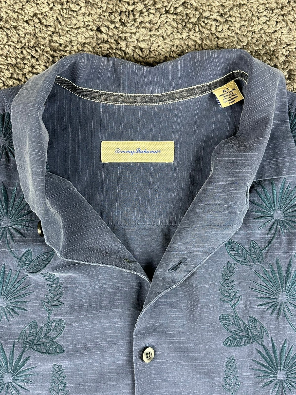 Tommy Bahama Mens XLT Blue Silk Cotton Embroidered Palm Camp Shirt Big Tall