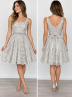 Betsy & Adam Womens 6 Silver Metallic Lace Rhinestone Tulle Cocktail Party Dress