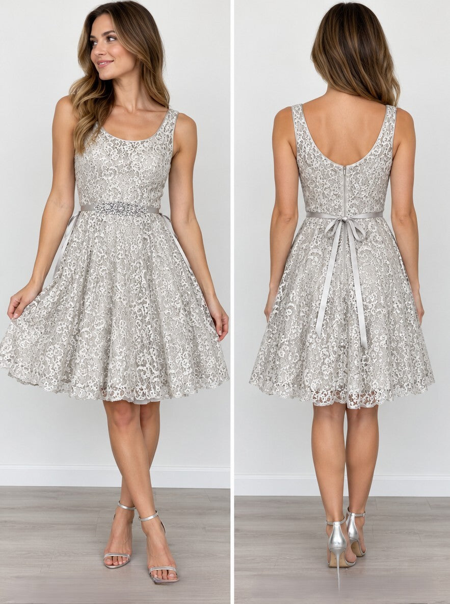 Betsy & Adam Womens 6 Silver Metallic Lace Rhinestone Tulle Cocktail Party Dress