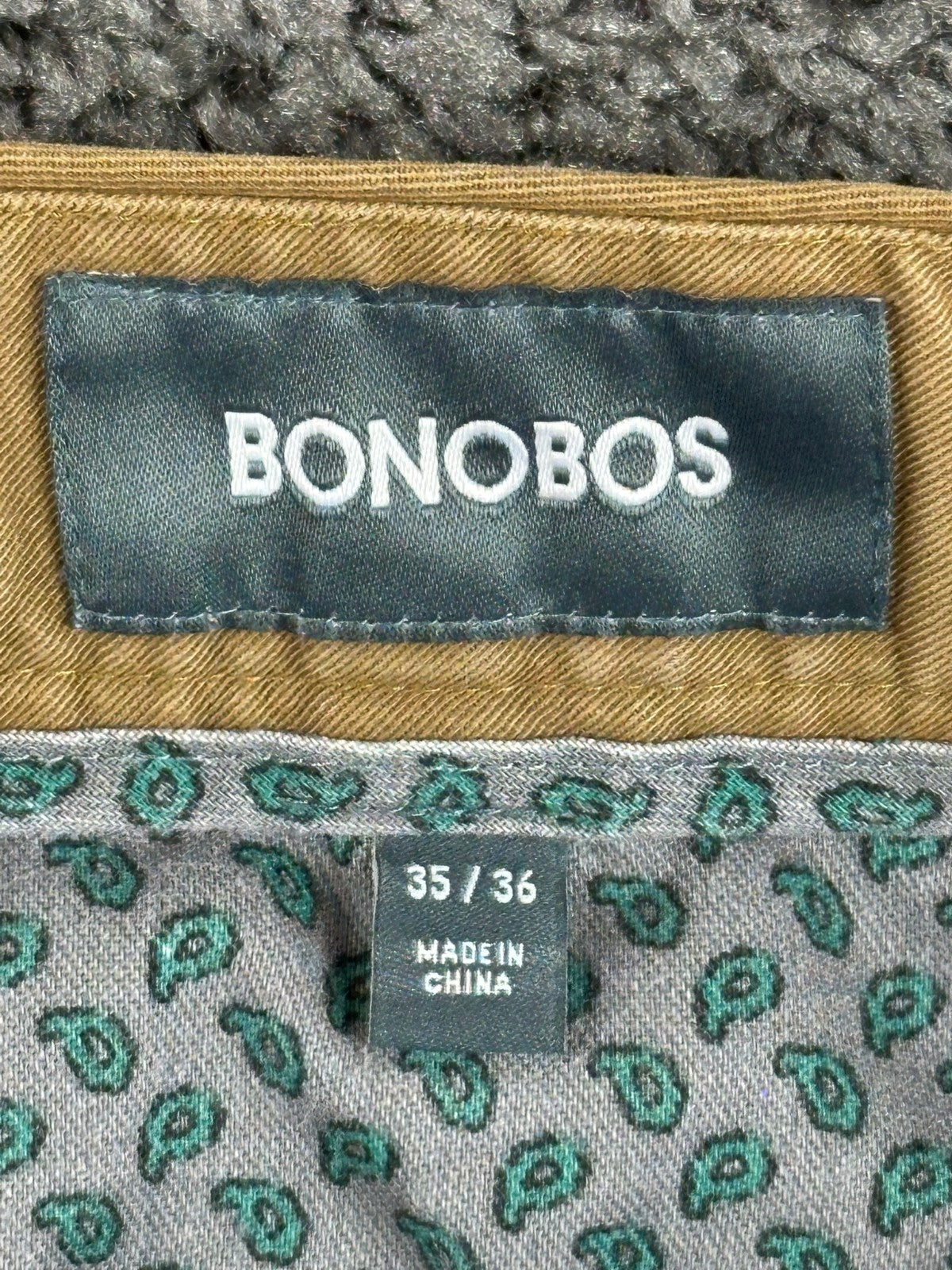 Bonobos Stretch Washed Chino Pants Mens 35x36 Slim Fit Tan Khaki Paisley Pocket