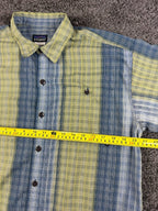 Patagonia Puckerware Shirt Mens M Short Sleeve Plaid Seersucker Button Down Blue