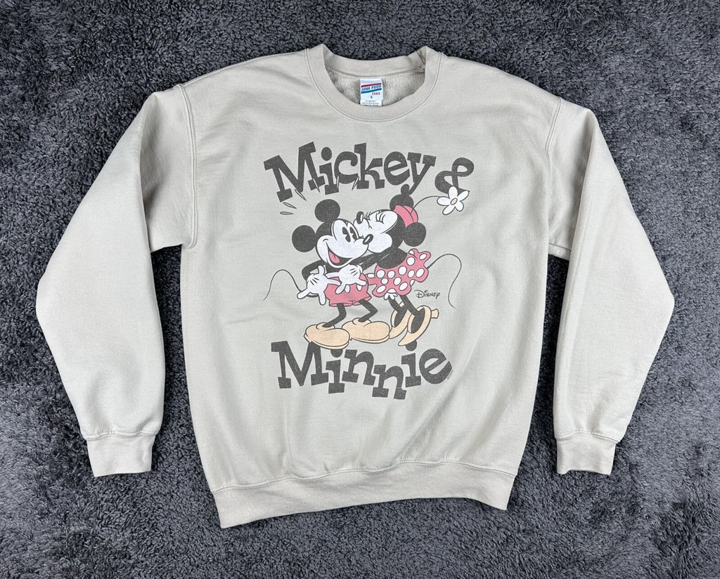 Junk Food Sweatshirt Womens S Mickey Minnie Disney Graphic Pullover Beige