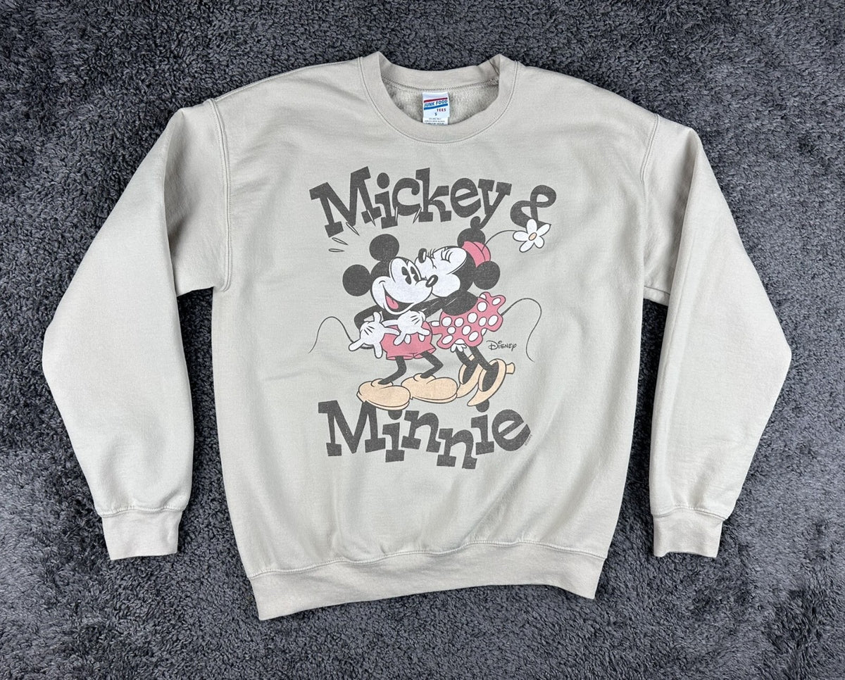 Junk Food Sweatshirt Womens S Mickey Minnie Disney Graphic Pullover Beige