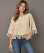 Lands End Womens Beige Cable Knit Wool Blend Fringe Poncho Cape Sweater S/M