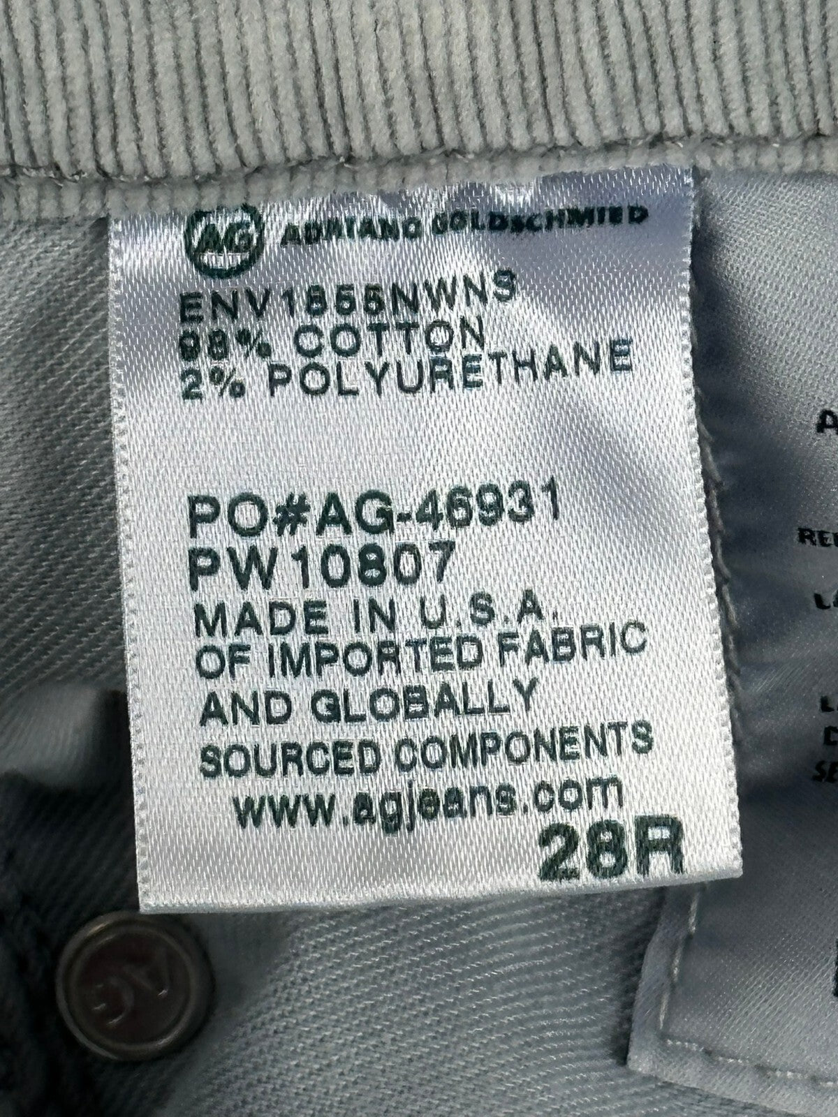 AG Adriano Goldschmied The Prima Ankle Corduroy Pants  Gray Slim Women Size 28R