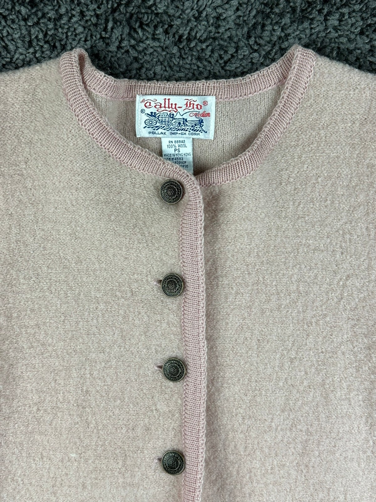 Vintage Tally Ho Womens PS Light Pink 100% Wool Knit Cardigan Sweater