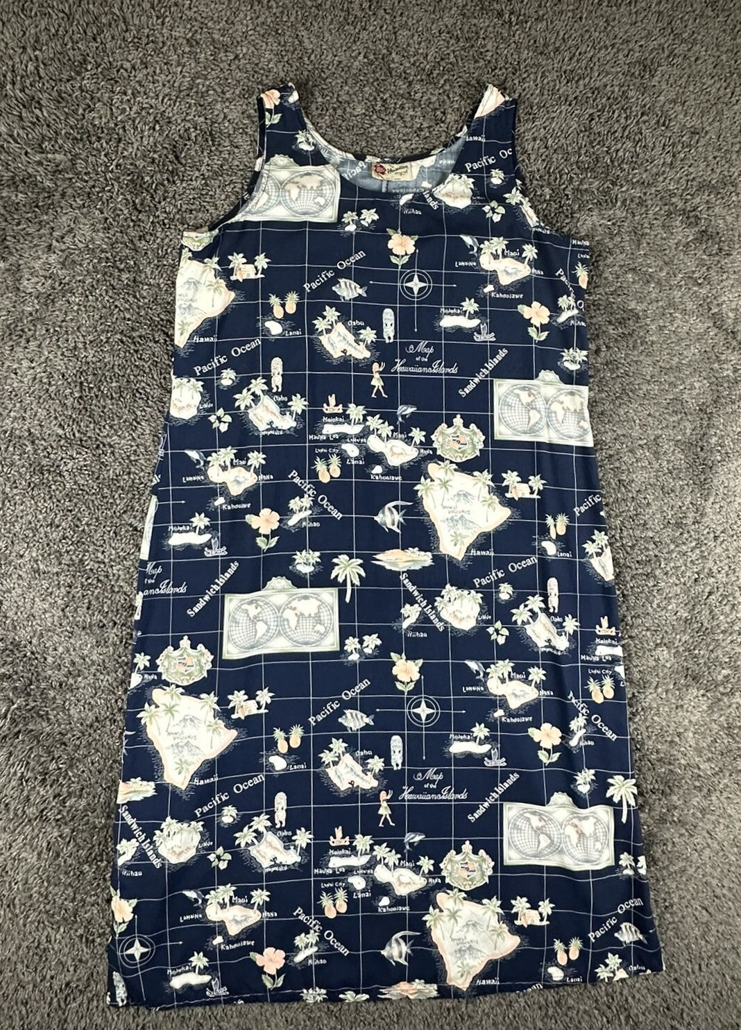 Vintage Hilo Hattie Womens XL Navy Blue Hawaiian Island Map Tank Dress USA