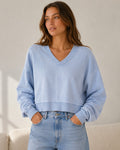 American Eagle Womens S Big Hug V-Neck Sweatshirt Light Blue Oversized Cropped
