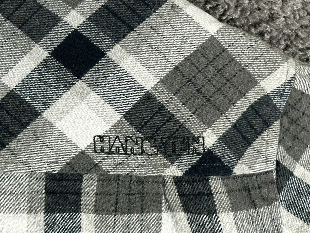 Hang Ten Mens Large L Black Gray Plaid Flannel Hooded Quilted Lined Jacket