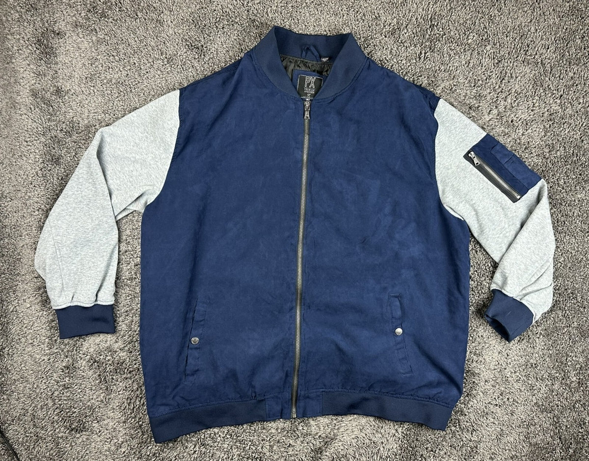 PX Clothing Mens 3XLT Blue Bomber Jacket Suede Feel Grey Sleeves Flight Jacket