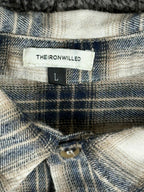 The Ironwilled Plaid Flannel Shirt Mens L Cream Black Distressed Raw Hem Dagger