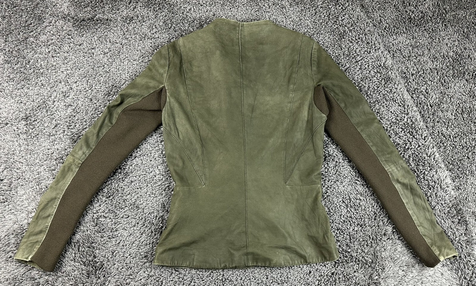 VEDA Leather Jacket Women Olive Green Asymmetrical Moto Wool Knit Silk Sz M