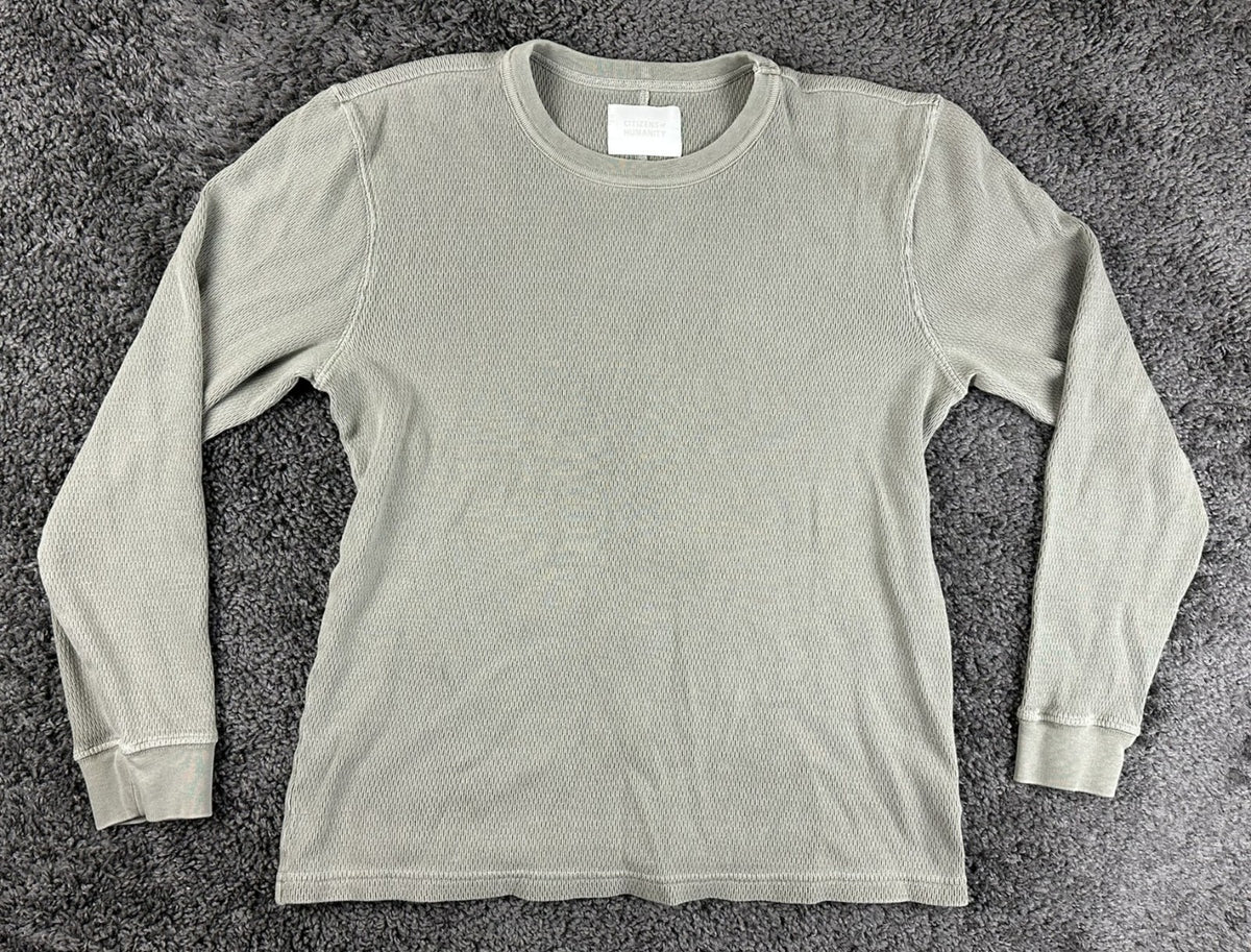 Citizens of Humanity Mens Large L Waffle Knit Thermal Long Sleeve Shirt Olive