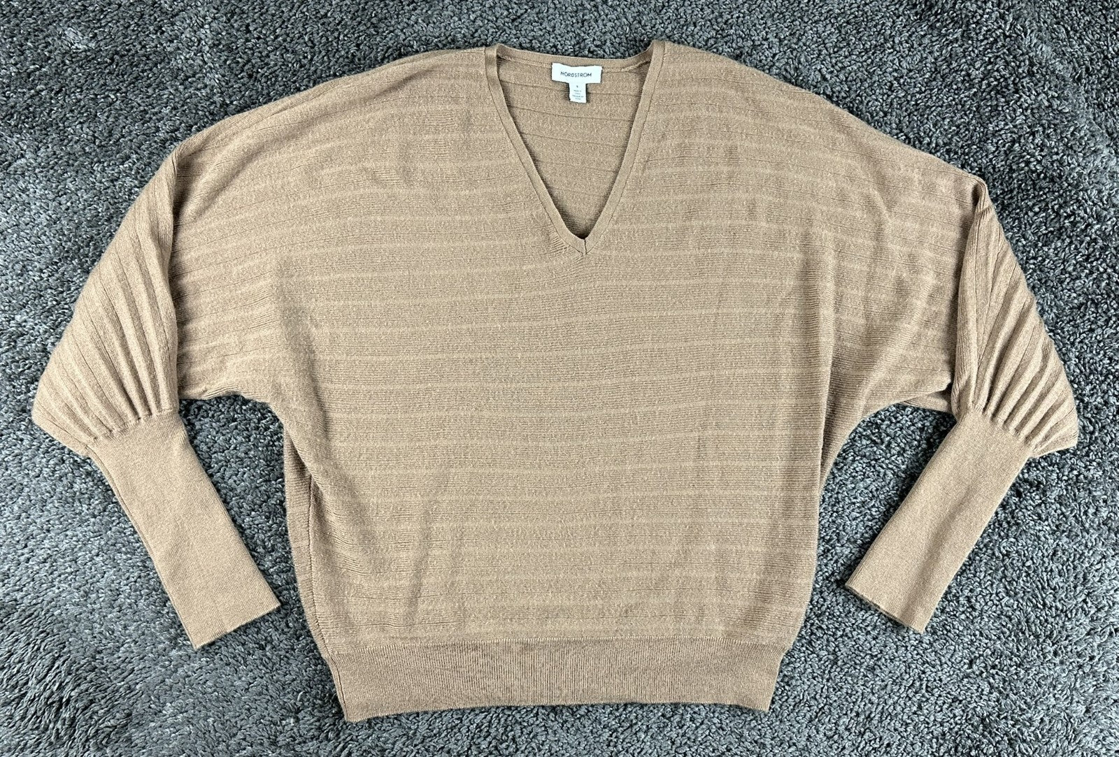 Nordstrom Women Wool Blend V-Neck Dolman Sweater Tan Camel Ribbed Pullover Sz S