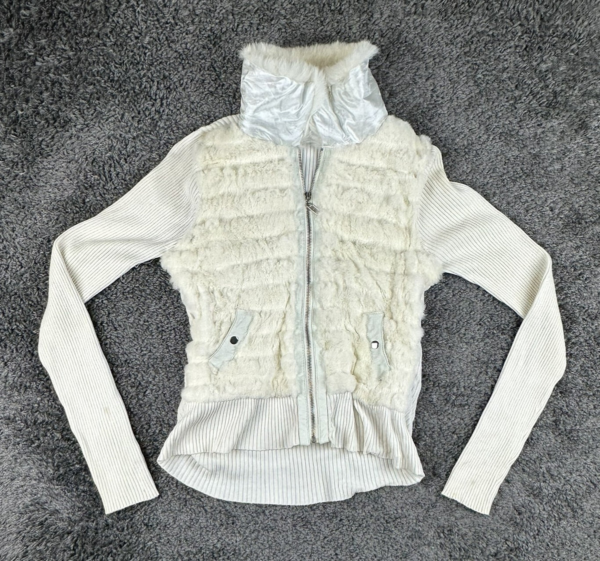 Dolce Cabo Womens Large White Rabbit Fur Blend Ribbed Knit Zip Sweater Jacket