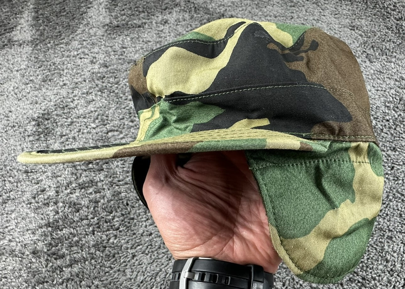 USGI Woodland Camo Cold Weather Patrol Cap 7 1/8 M81 Ear Flap Hat Vintage 1983