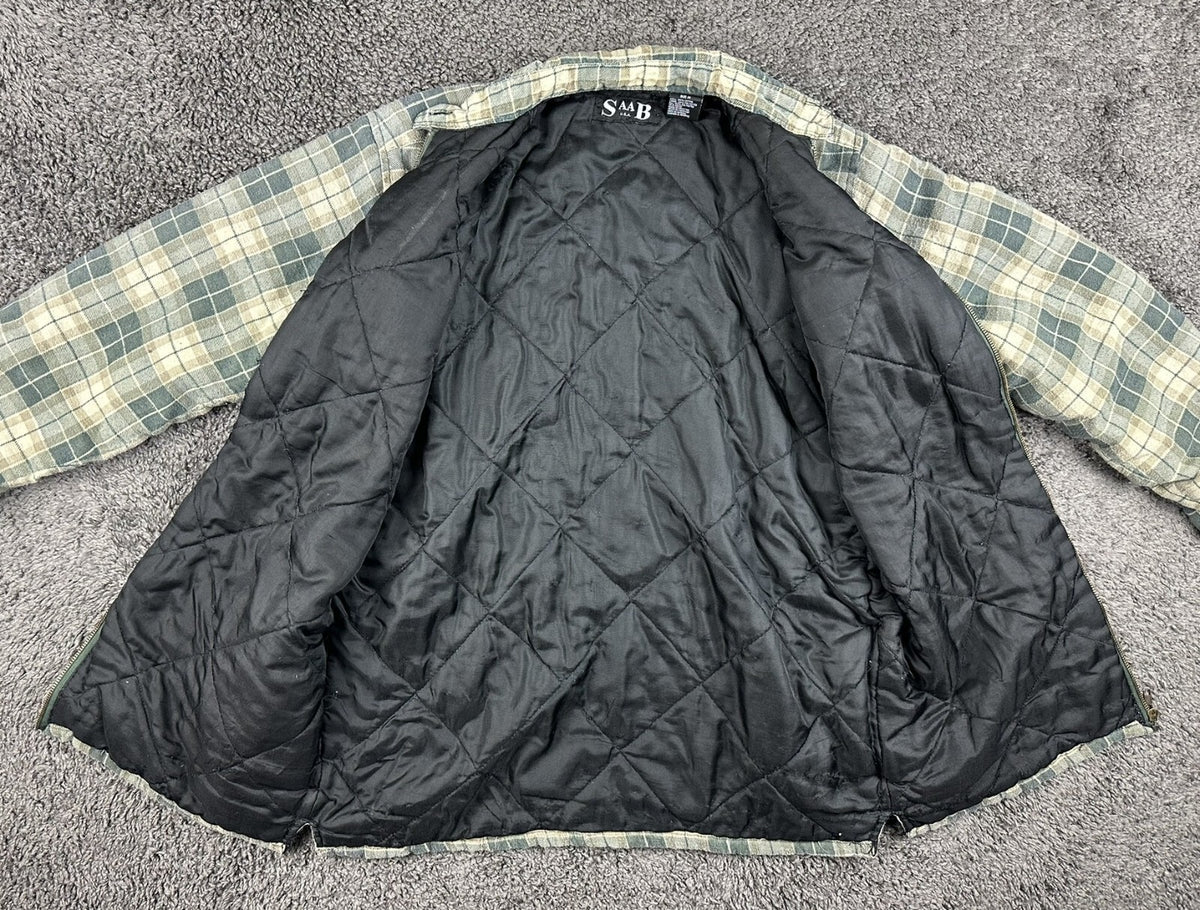 Vintage 90’s SAAB USA Mens M Green Plaid Quilted Lined Flannel Shirt Jacket Zip